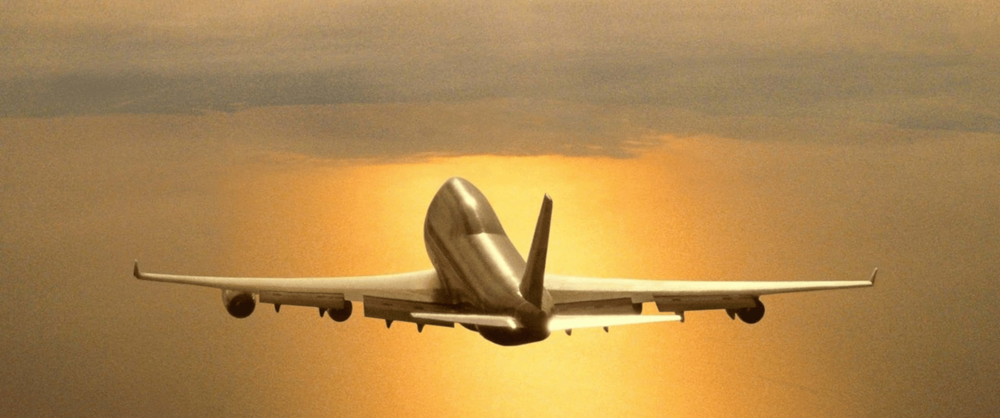 Plane 桌布 壁紙 — 一架大型客機在金色夕陽天空中翱翔，背後雲朵溫暖地發光。
