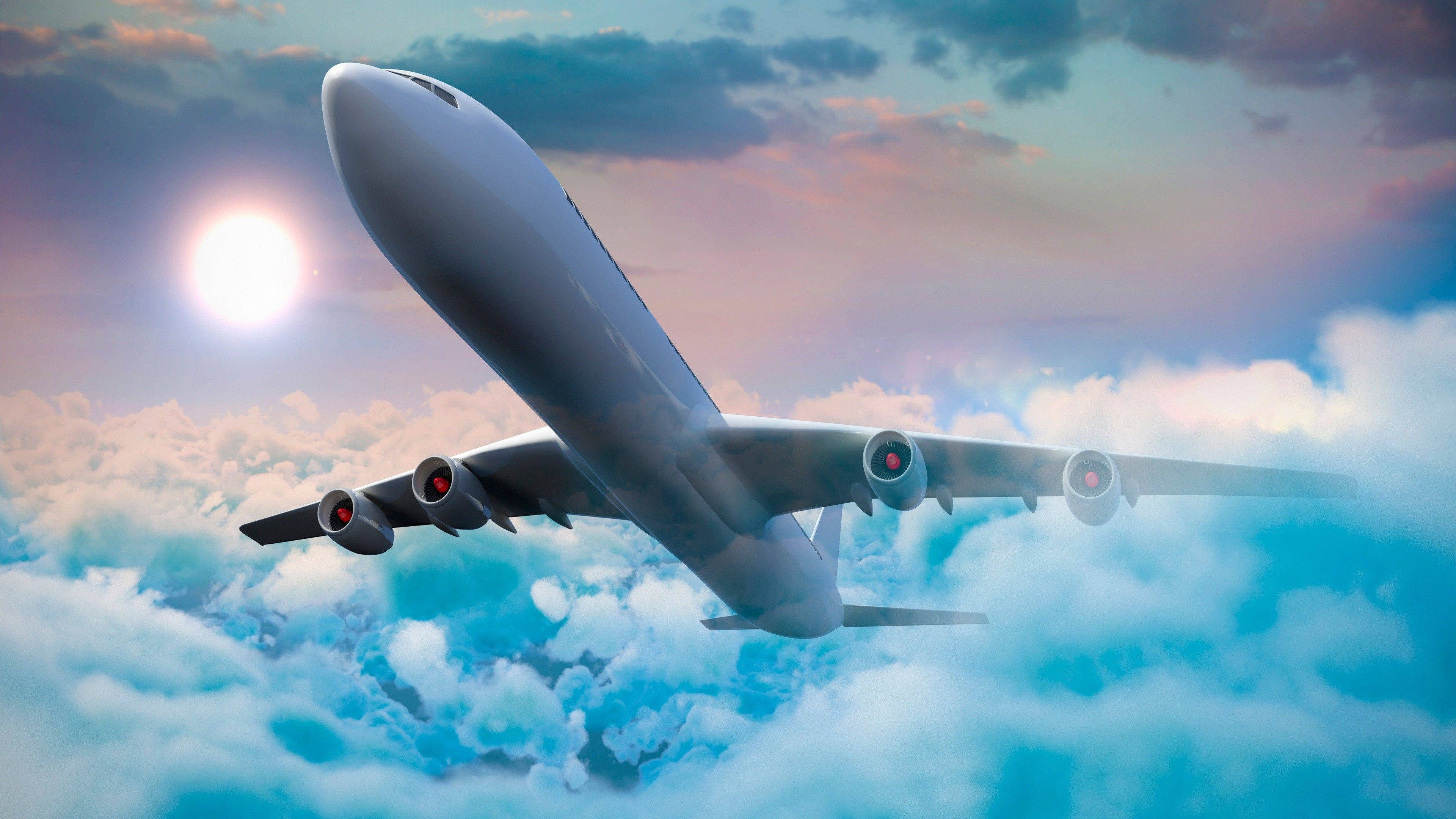 4K 飛機壁紙 桌布 壁紙 — 一架大型客機翱翔於蓬鬆雲層之上，明亮的太陽在粉彩色的天空中閃耀。