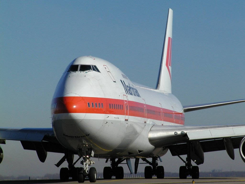 Airport 桌布 壁紙 — 一架大型白色和紅色的達美航空飛機停在跑道上，起落架放下，天空清澈湛藍。