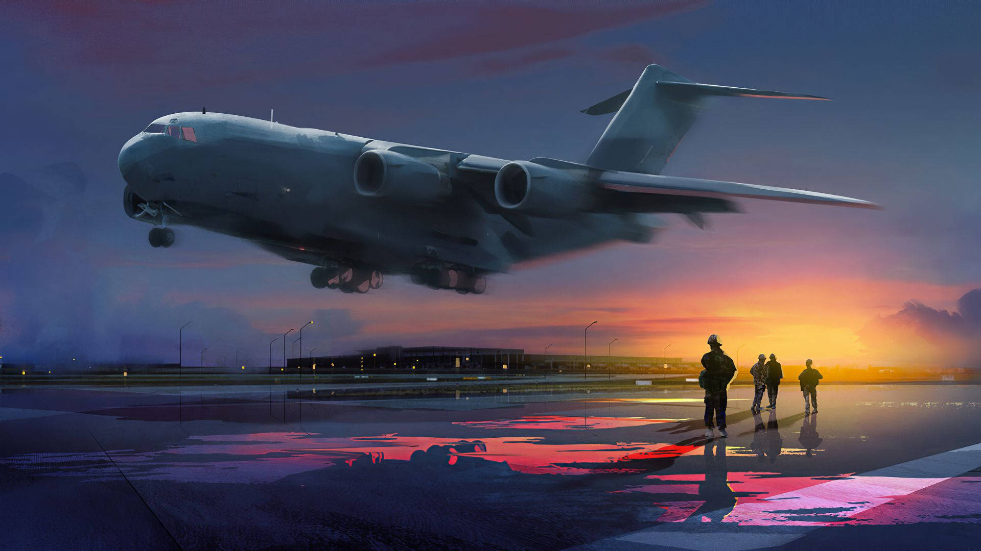 Runway 桌布 壁紙 — 一架大型軍用運輸機在黃昏時降落，剪影人物從濕漉漉的停機坪觀看，停機坪反射出火紅的夕陽色調。