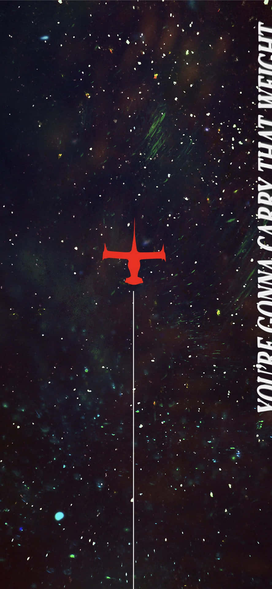 桌布 壁紙 — 一架大膽的紅色飛機剪影懸浮在宇宙星空中，伴隨著發光的星雲和垂直文字。
