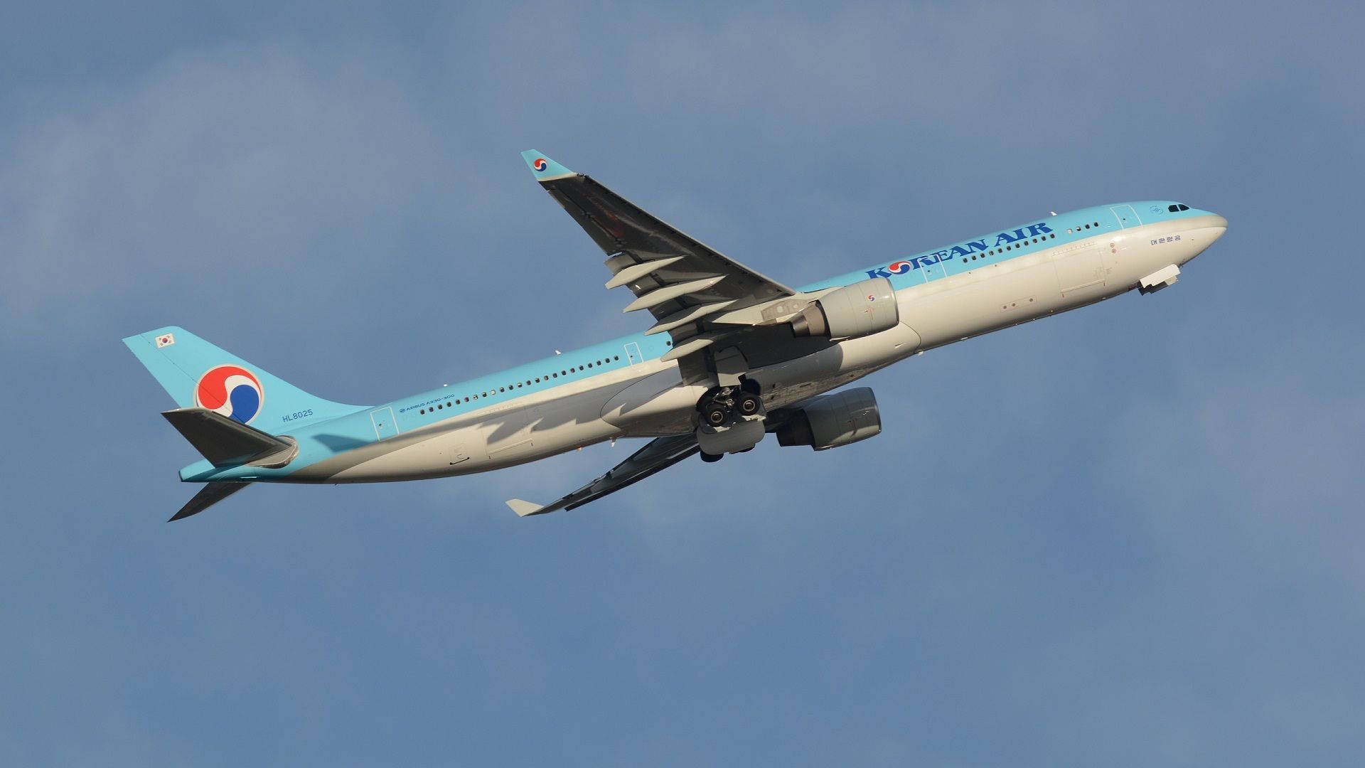  壁紙 — 一架大韓航空空中巴士A330在晴朗藍天中翱翔，起落架已放下。