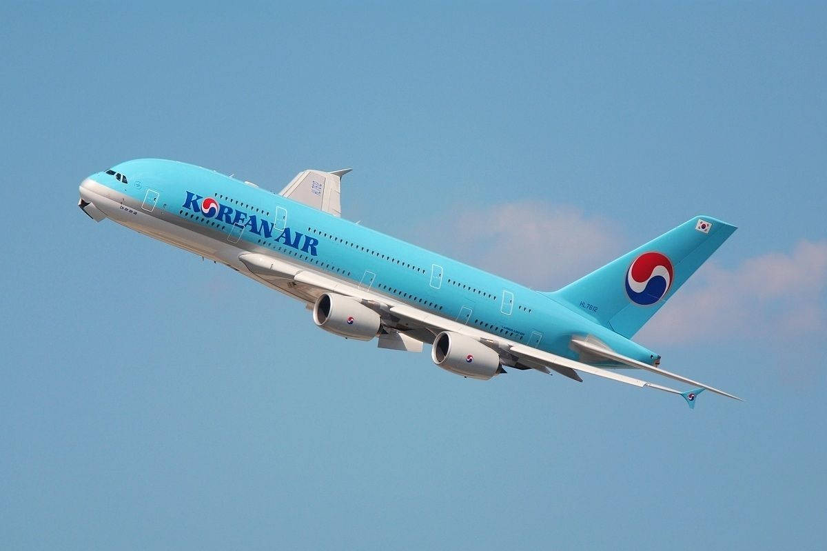 標誌 桌布 壁紙 — 一架大韓航空空中巴士A380在晴朗藍天中優雅翱翔，機翼下飄著縷縷白雲。