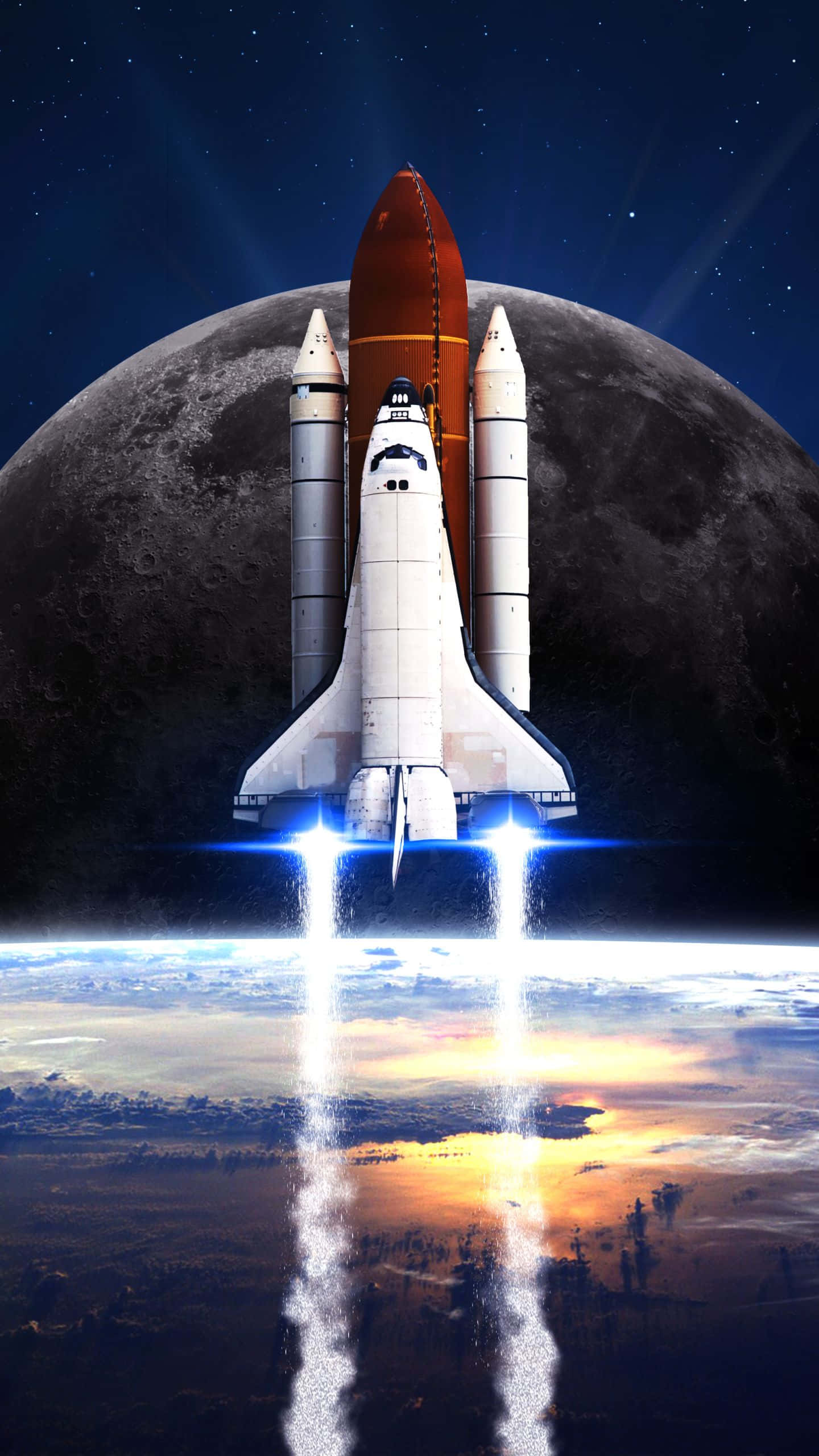 太空 桌布 壁紙 — 一架太空梭以熾熱引擎發射，背景是星空、巨大月球和地球的日落。