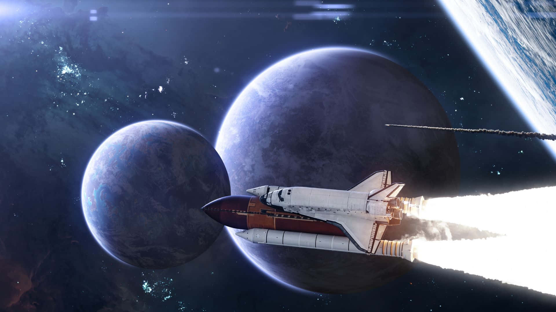 Live Space 桌布 壁紙 — 一架太空梭在兩顆行星之間發射升空，背景是星光燦爛的宇宙和發光的大氣帶。
