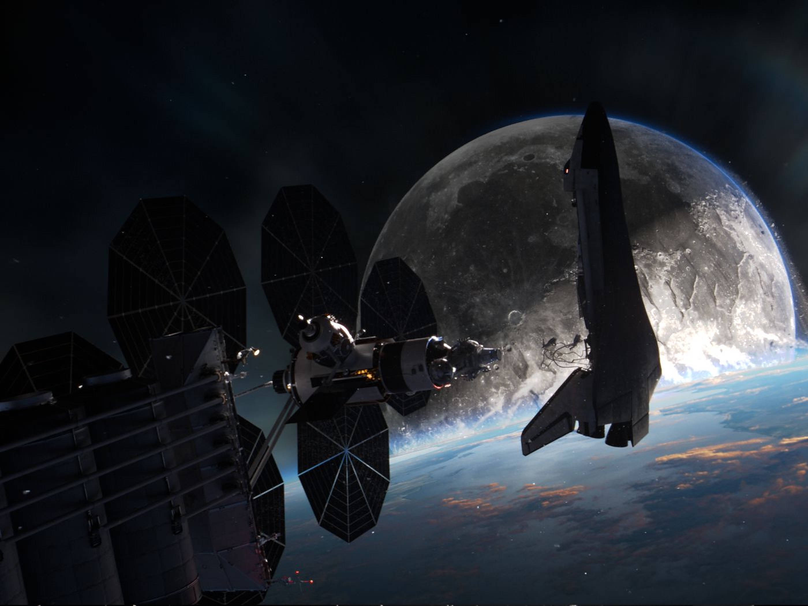Moonfall 桌布 壁紙 — 一架太空梭在巨大的月球和地球發光的地平線背景下與衛星對接。
