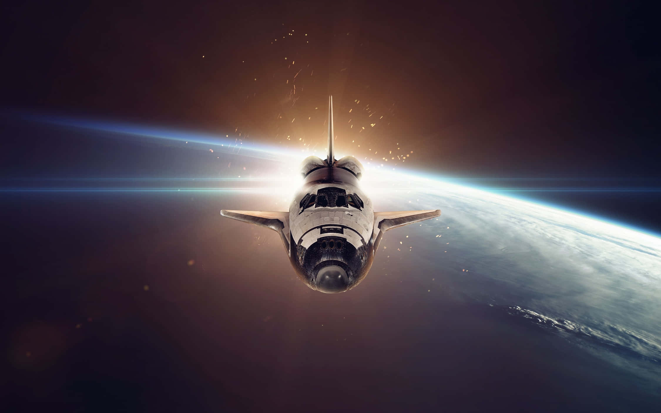 space shuttle 桌布 壁紙 — 一架太空梭在星光閃爍的黑色天空襯托下，沐浴在金色日出光芒中，滑翔於地球彎曲的地平線之上。