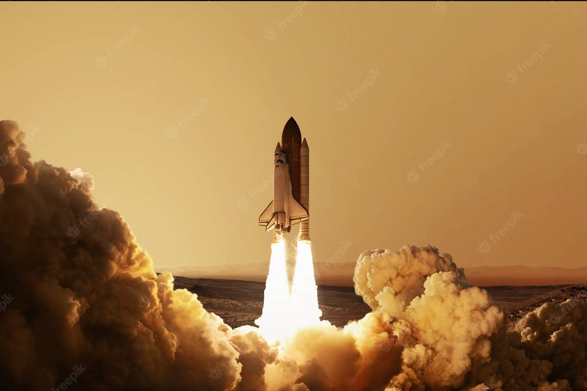 Spacex Starship 桌布 壁紙 — 一架太空梭在沙漠景觀中強力升空，被金橙色火焰和滾滾濃煙吞沒。