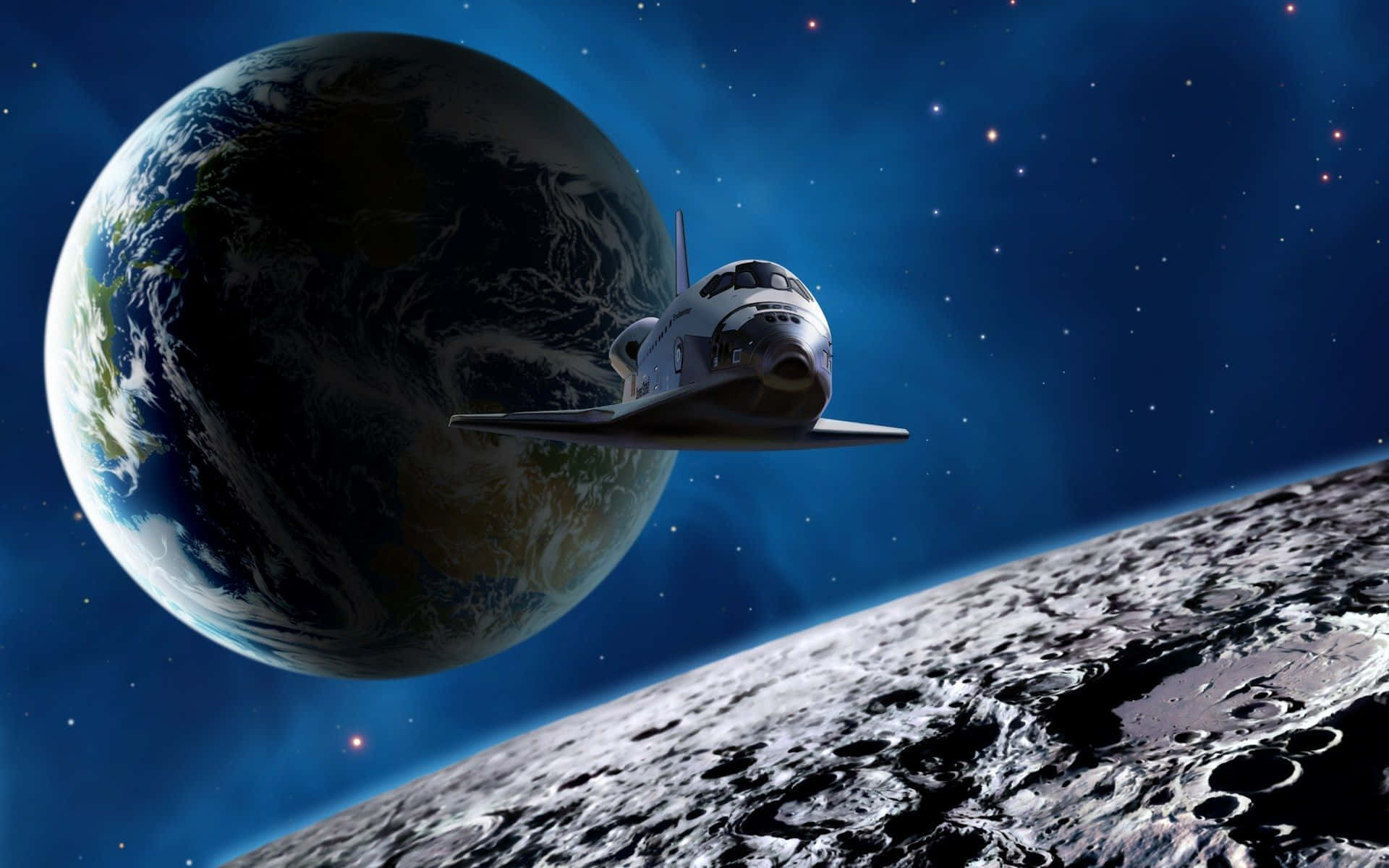 Space Exploration 桌布 壁紙 — 一架太空梭在繁星點點的宇宙背景下飛行於地球和月球之間。
