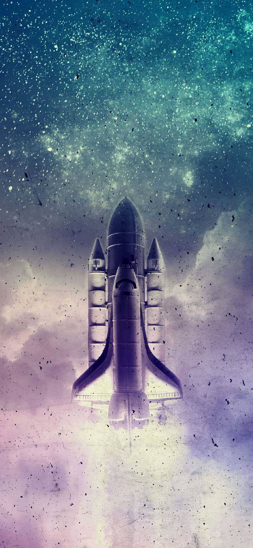 火箭 桌布 壁紙 — 一架太空梭穿過雲層，升入繁星點點的藍綠色和紫色宇宙天空。