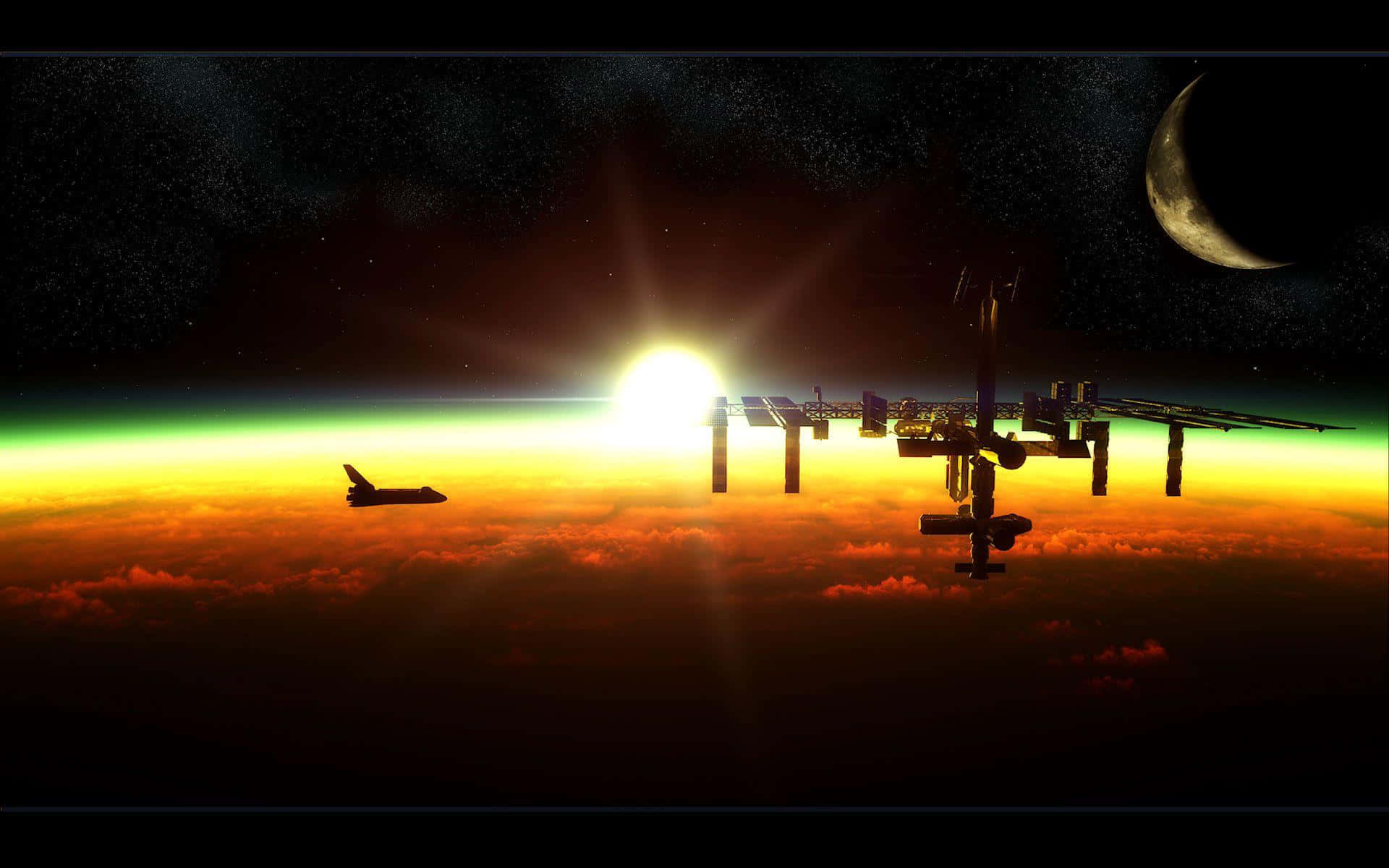 Space Station 桌布 壁紙 — 一架太空梭飛過一個巨大的太空站，太陽在地球熾熱的大氣層上升起，上方有一彎新月。