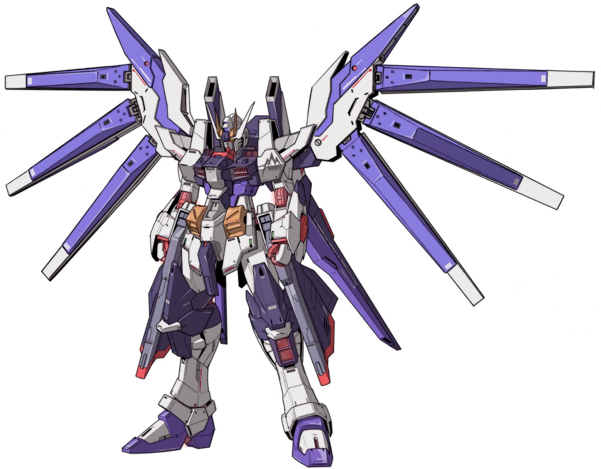 機動戰士鋼彈 桌布 壁紙 — 一架威嚴的紫白色機動戰士，配備八片翼狀刀刃，矗立在純黑背景前。