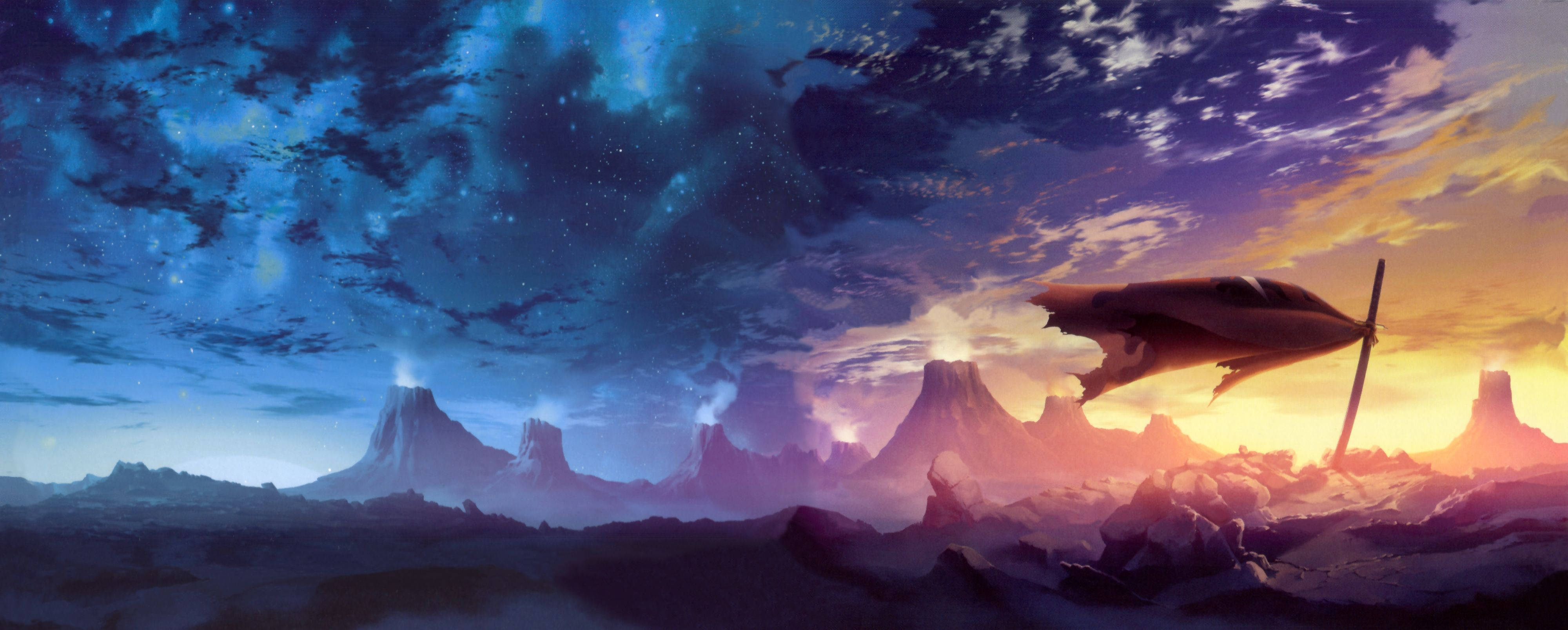 Gurren Lagann 桌布 壁紙 — 一架孤獨的戰鬥機在黃昏天空下翱翔於崎嶇的外星山脈之上，天空佈滿宇宙雲層和星光。