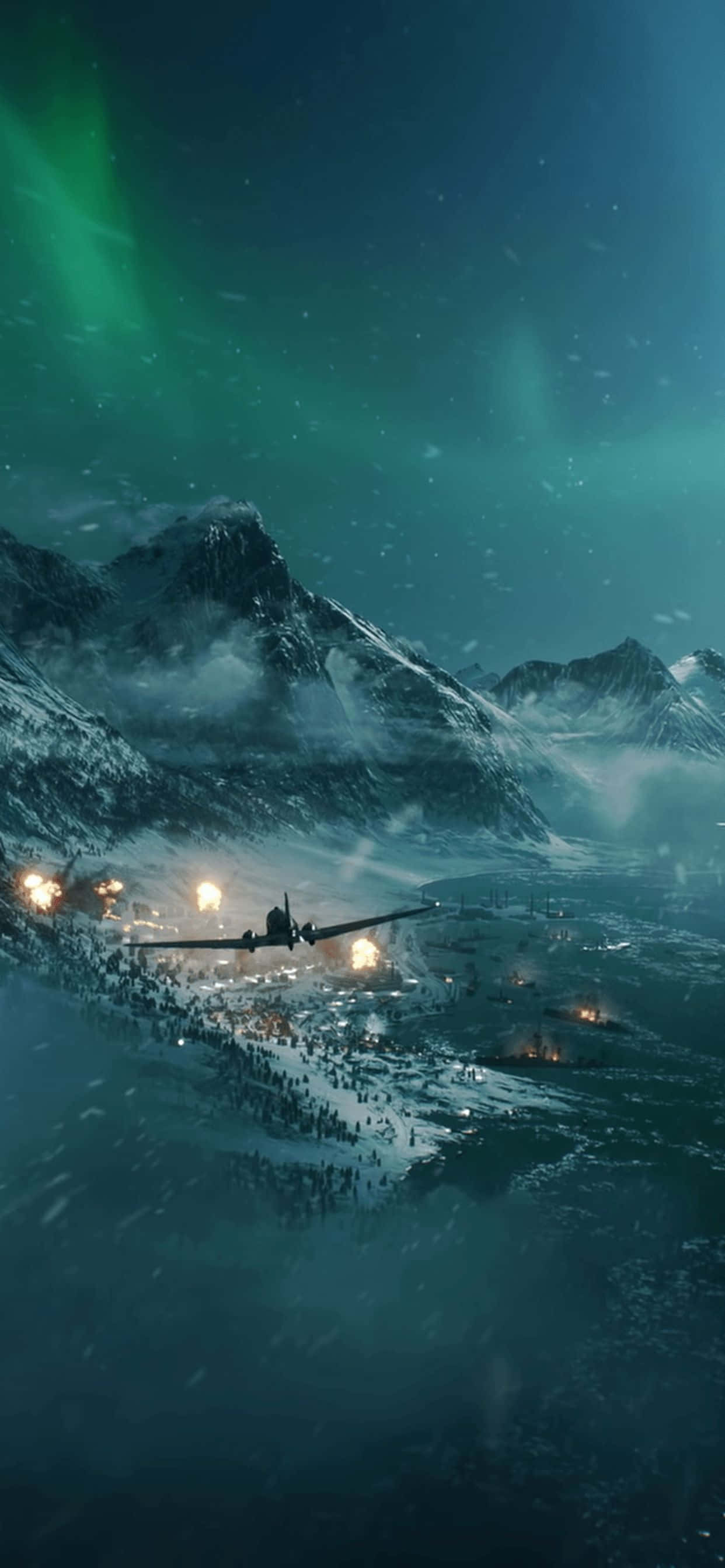 HD Battlefield V 桌布 壁紙 — 一架孤獨的飛機在充滿活力的綠色北極光下飛越白雪覆蓋的山谷。