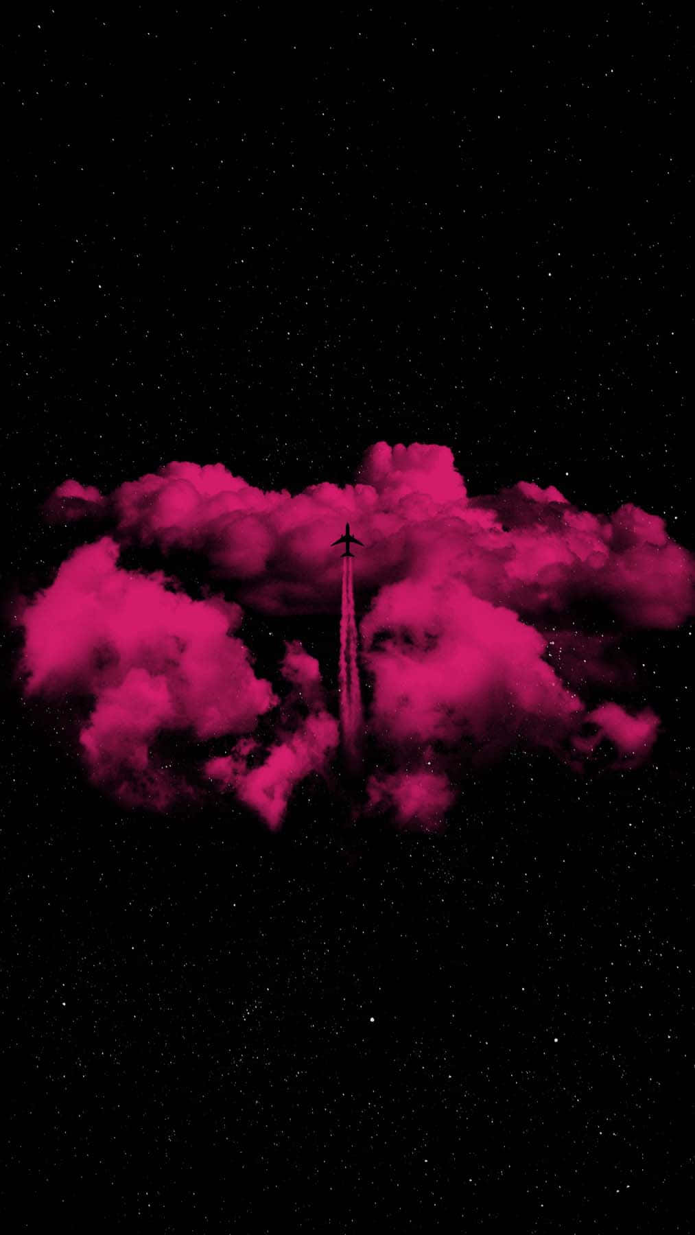 雲朵 桌布 壁紙 — 一架孤獨的飛機在繁星點點的黑色夜空背景下，穿過鮮豔的洋紅色雲層上升。