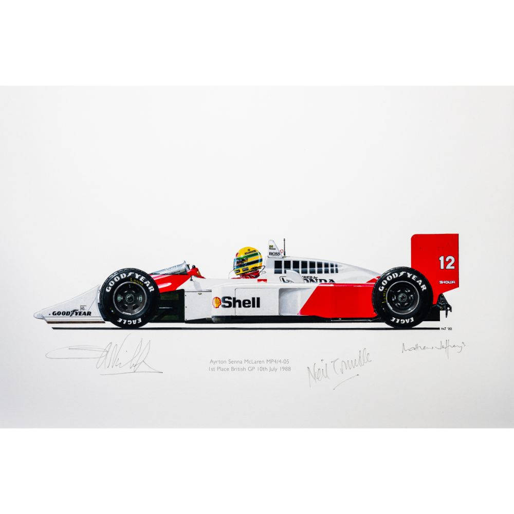 本田 桌布 壁紙 — 一架完美無瑕的紅白McLaren MP4/4一級方程式賽車，車手Ayrton Senna戴著頭盔，由藝術家簽名，背景為純白色。