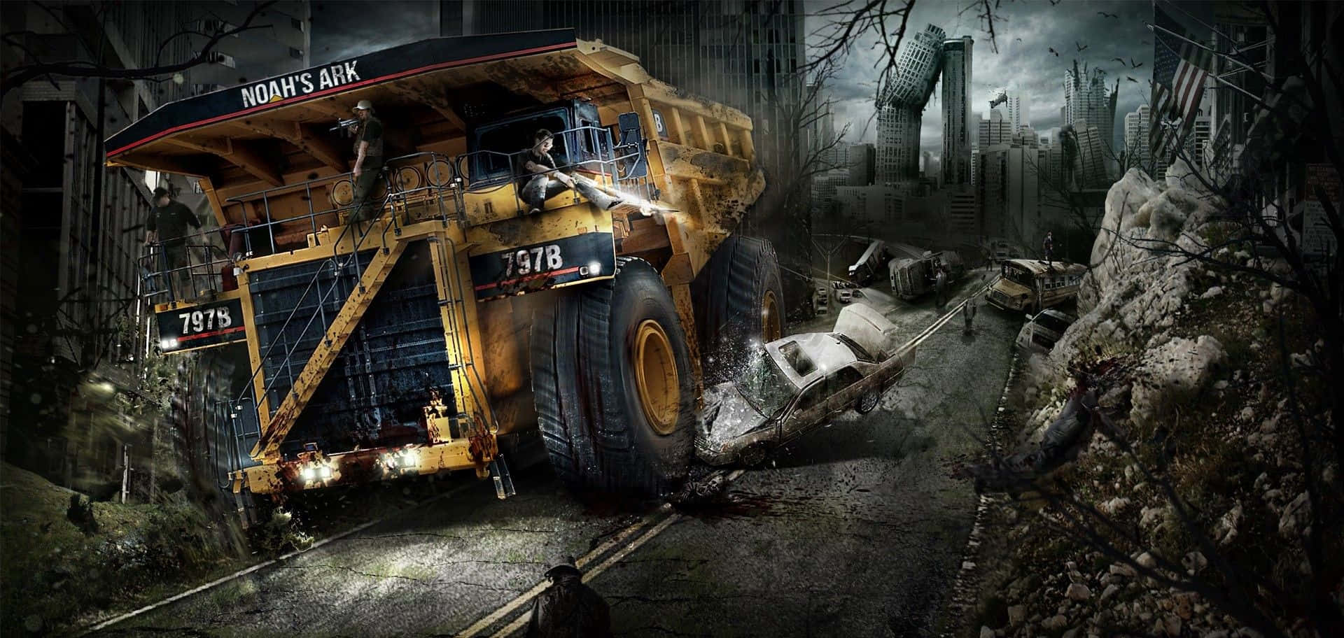 Dump Truck 桌布 壁紙 — 一架寫有諾亞方舟字樣的巨大黃色自卸車在暴風雨的天空下行駛於被毀壞的城市景觀中。