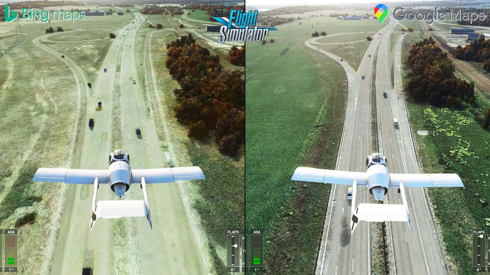 1080p Microsoft Flight Simulator 桌布 壁紙 — 一架小型白色飛機在飛行模擬器分割畫面中低飛過高速公路和帶有秋樹的綠色田野。