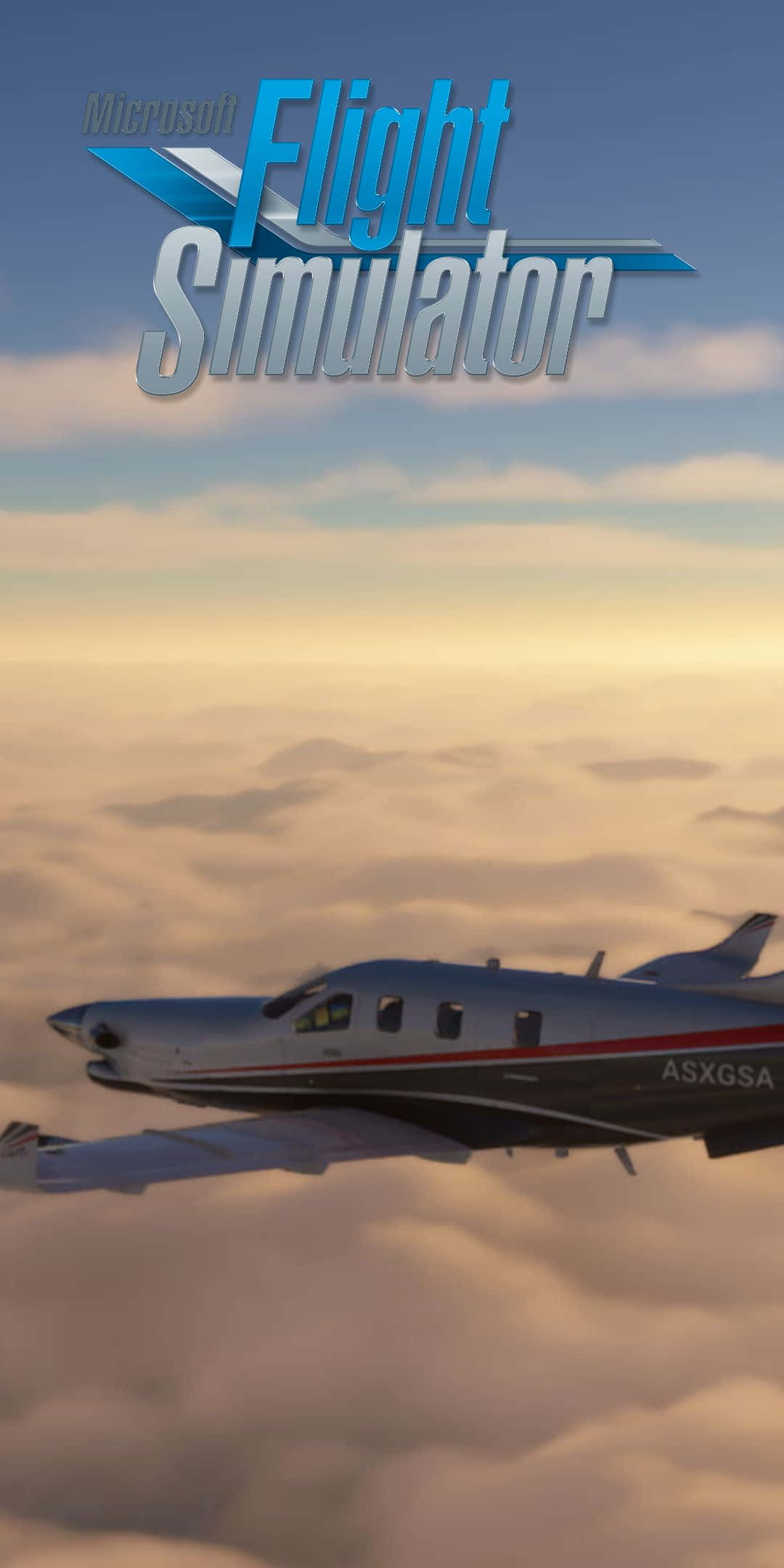 Pixel 3 Microsoft Flight Simulator 桌布 壁紙 — 一架小型私人飛機在日落時飛越金色雲層，上方有「Microsoft Flight Simulator」標誌。