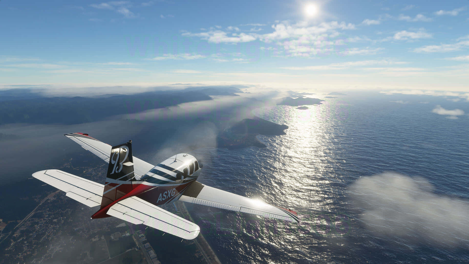 1080p Microsoft Flight Simulator 桌布 壁紙 — 一架小型螺旋槳飛機在陽光照耀的海洋上空翱翔，下方是遙遠的島嶼和沿海城鎮。