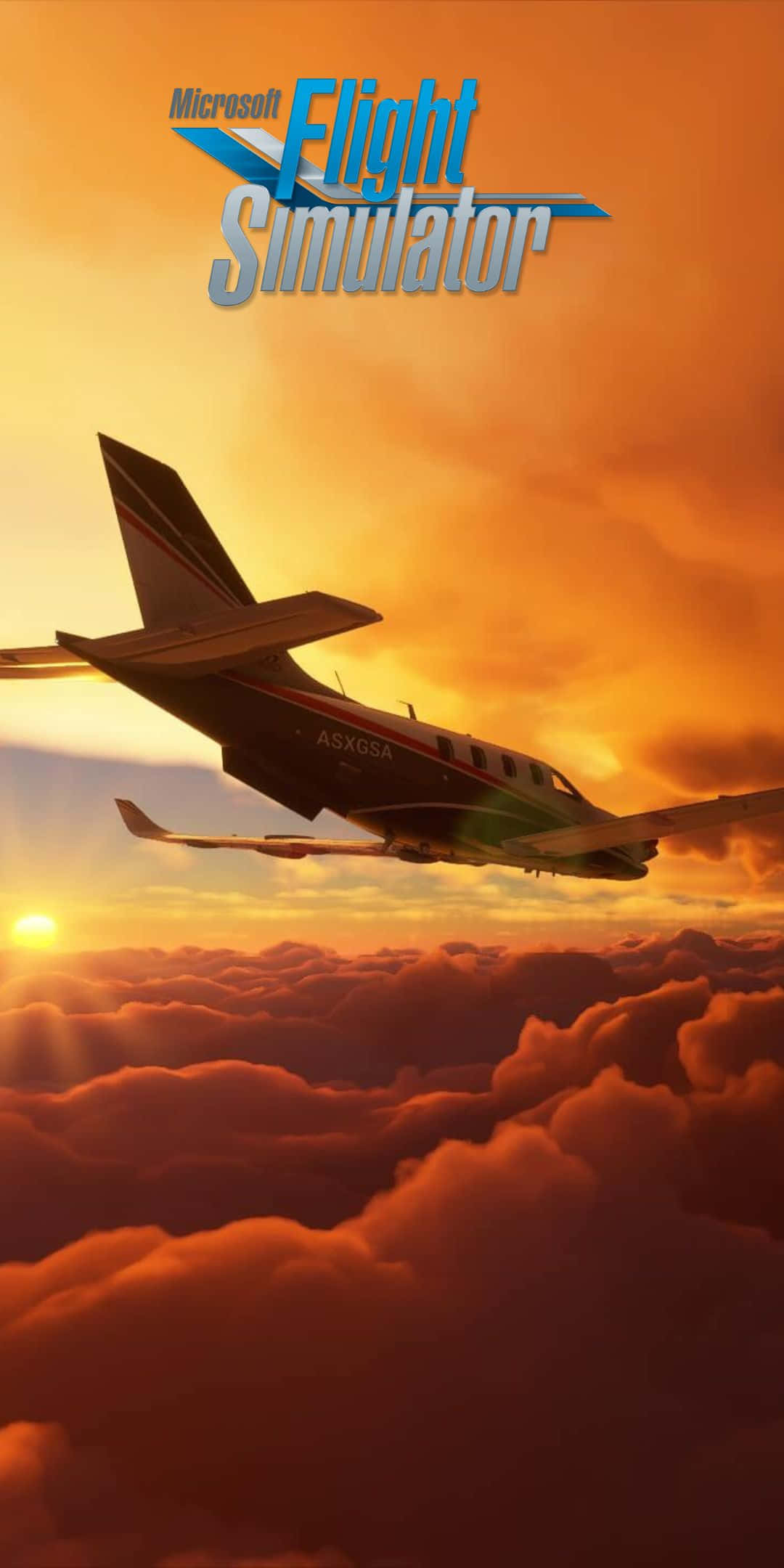 Pixel 3 Microsoft Flight Simulator 桌布 壁紙 — 一架小型飛機在壯麗的日落中翱翔於火橙色雲層之上，Microsoft Flight Simulator 標誌清晰可見。