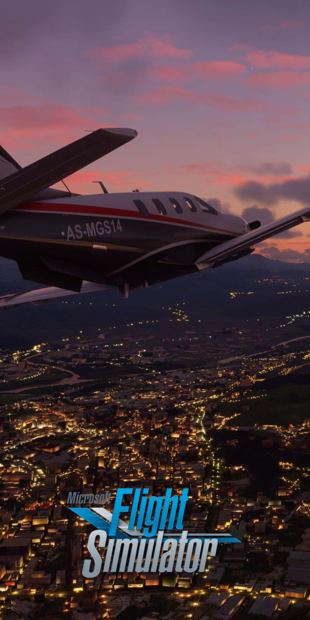 Pixel 3 Microsoft Flight Simulator 桌布 壁紙 — 一架小型飛機在黃昏時分飛過發光的城市天際線，天空呈現粉紅色和紫色。