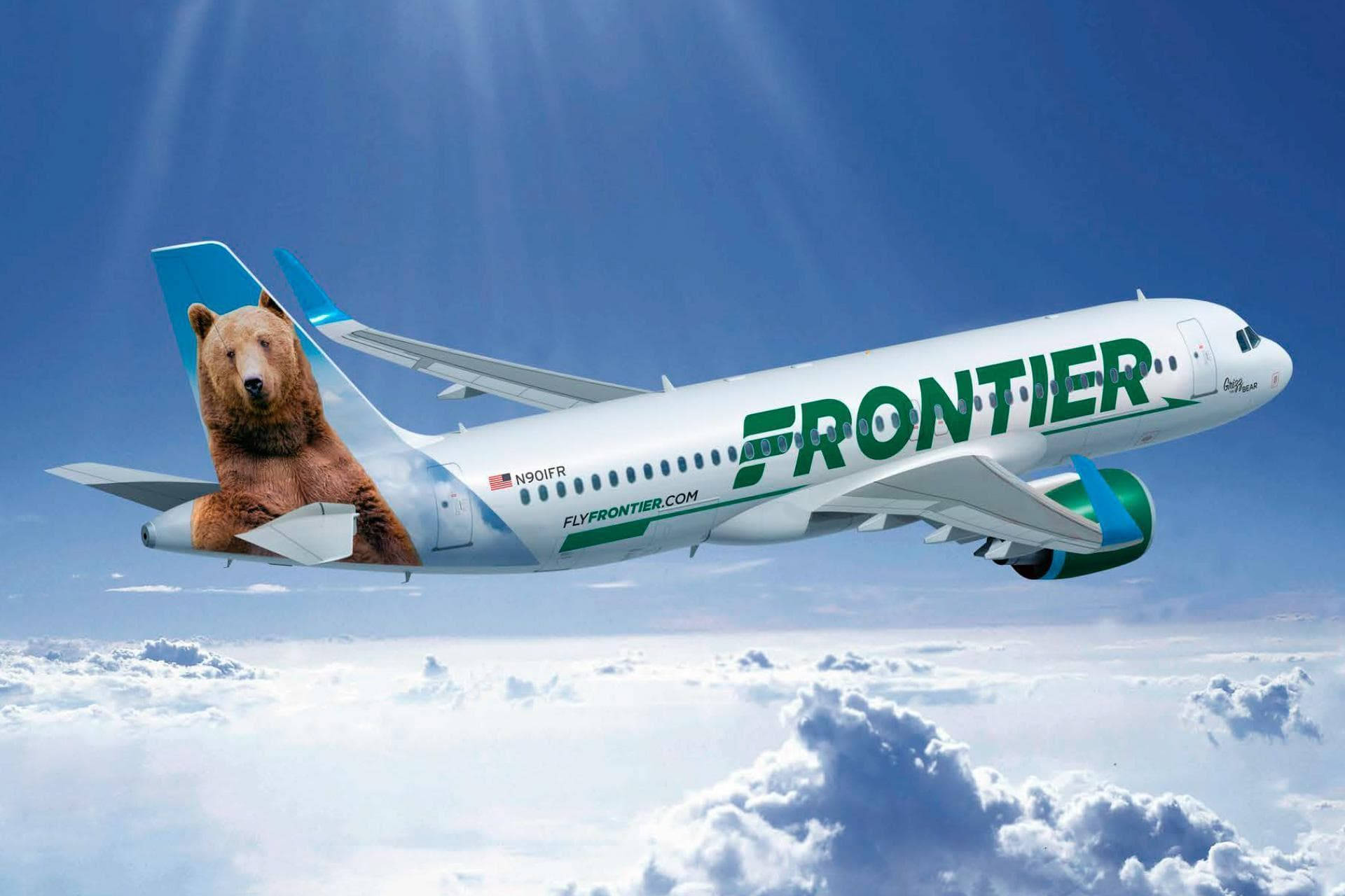transportation 桌布 壁紙 — 一架尾翼上有巨型熊圖案的Frontier Airlines飛機在明亮的藍天下翱翔於蓬鬆的白雲之上。