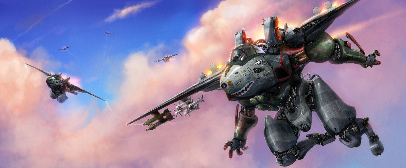Macross 桌布 壁紙 — 一架巨型機械鯊魚戰鬥機在暮色天空中翱翔，後面跟著較小的飛機。