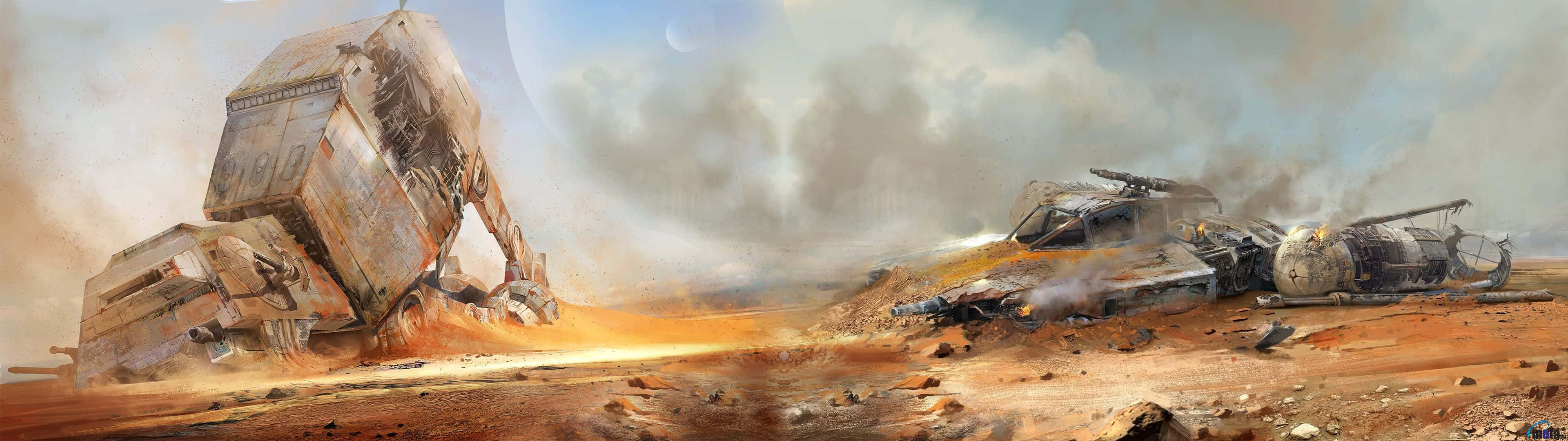星際大戰 桌布 壁紙 — 一架巨大、受戰損的AT-AT步行機在塵土飛揚的沙漠中倒下，同時一架星際戰鬥機在附近墜毀，天空多雲。