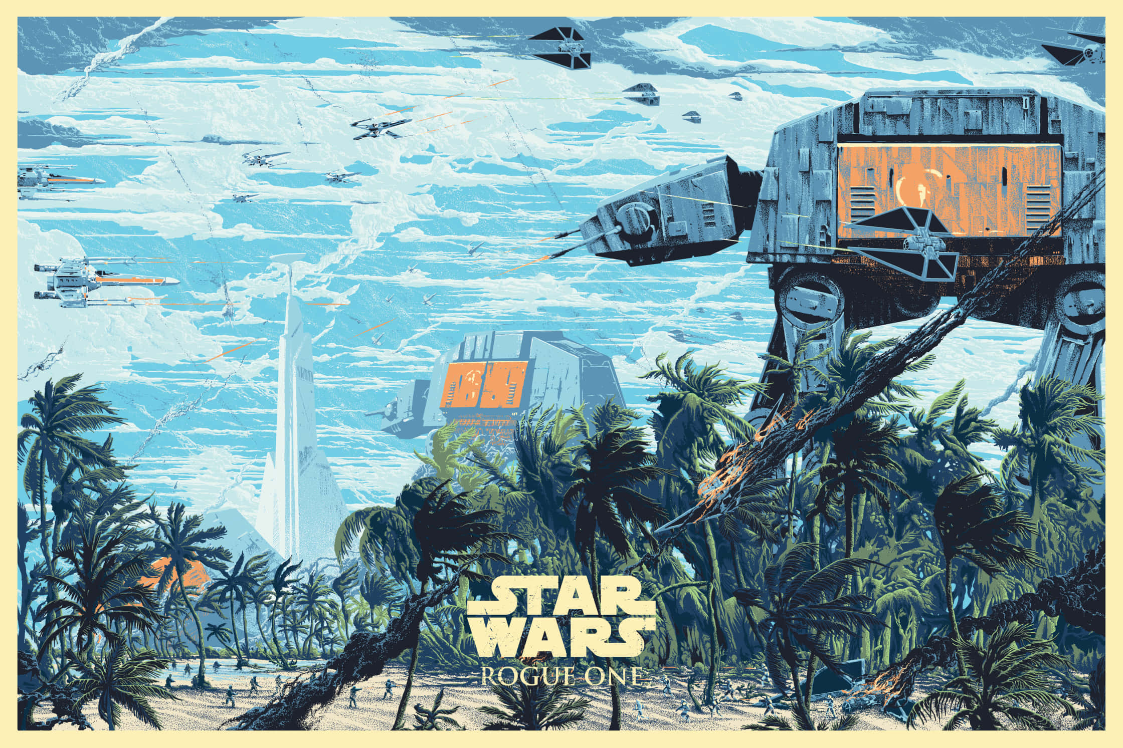 The Battle Of Scarif 桌布 壁紙 — 一架巨大的AT-AT步行機主宰著熱帶叢林海灘，星際戰機在頭頂飛過，這是《星際大戰：俠盜一號》的場景。