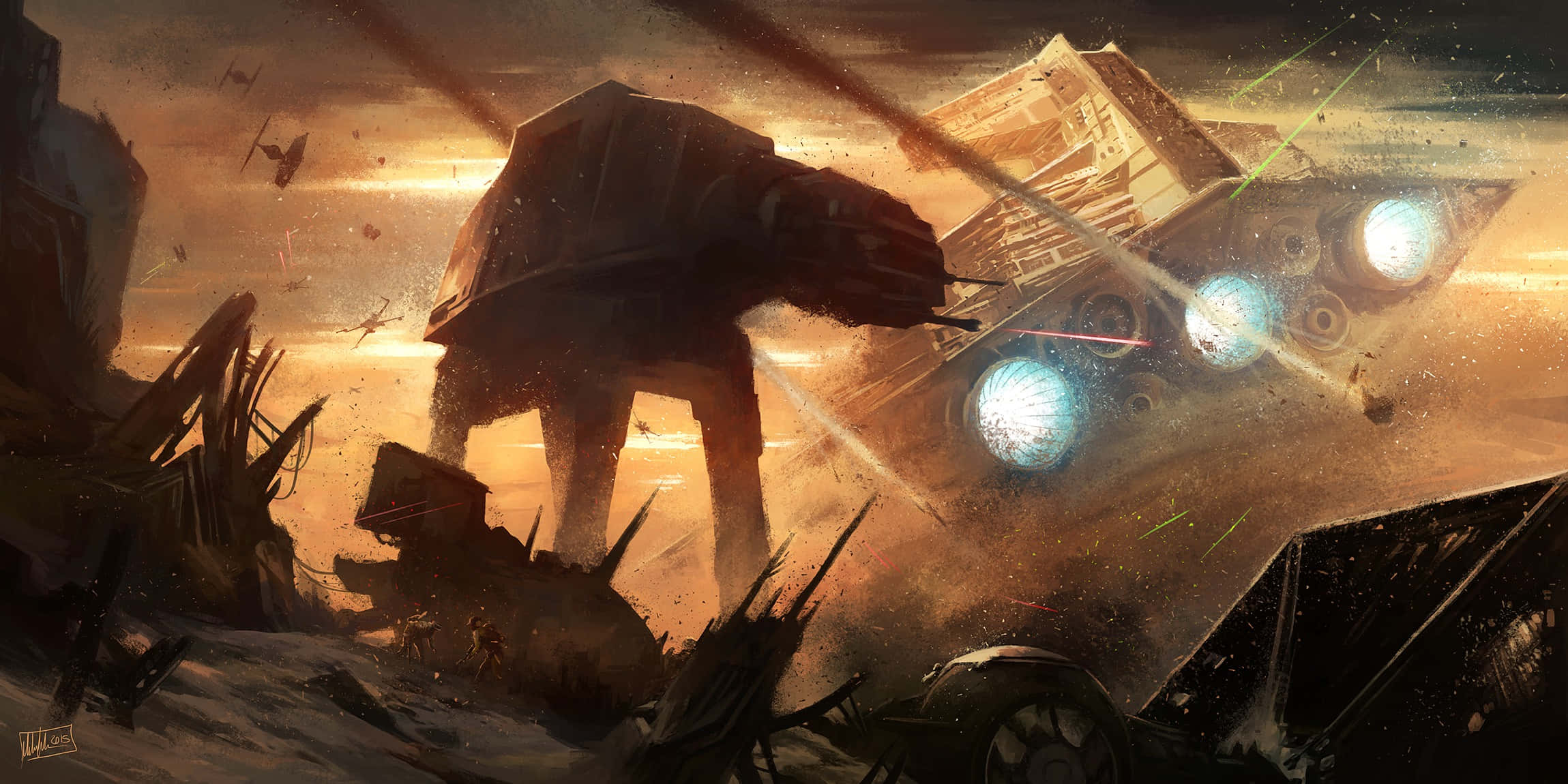The Battle Of Jakku 桌布 壁紙 — 一架巨大的AT-AT步行機在熾熱的夕陽天空下，於佈滿殘骸的戰場上與星際戰鬥機交戰。