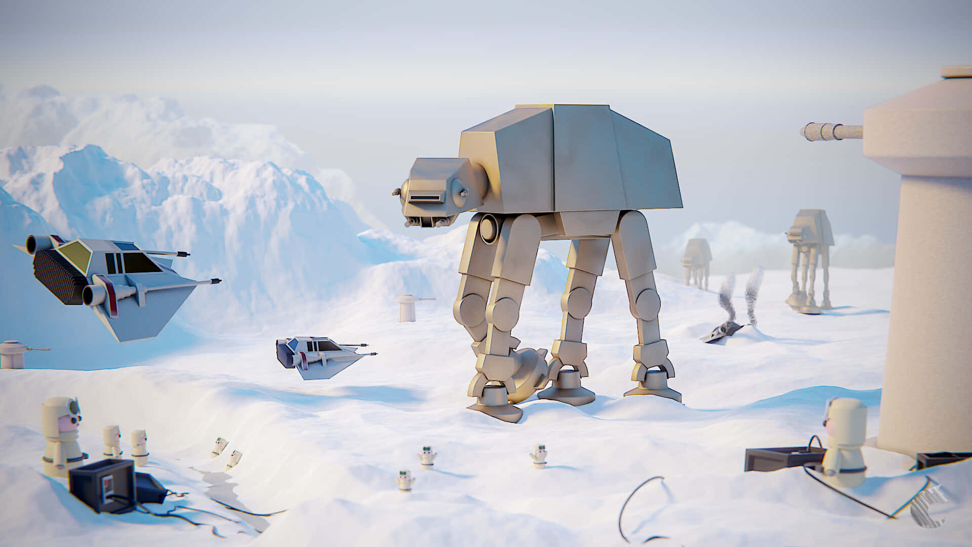 Battle Of Hoth 桌布 壁紙 — 一架巨大的AT-AT步行機在雪地中前行，上空有雪地飛船飛過，附近有小機器人忙碌奔走。