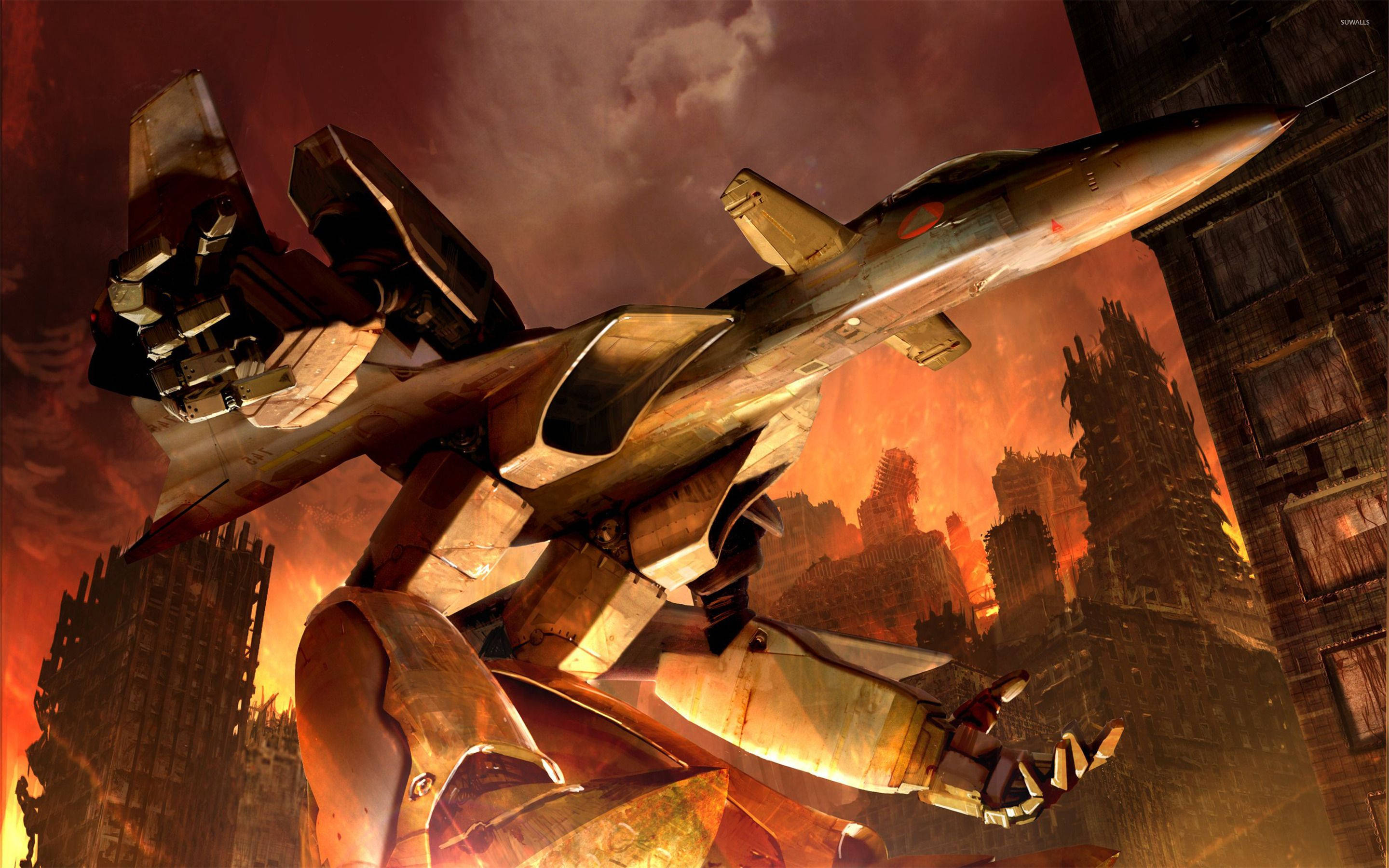 Macross 桌布 壁紙 — 一架巨大的戰鬥機甲在熾熱的橙色天空下，翱翔於燃燒的廢墟城市上空。