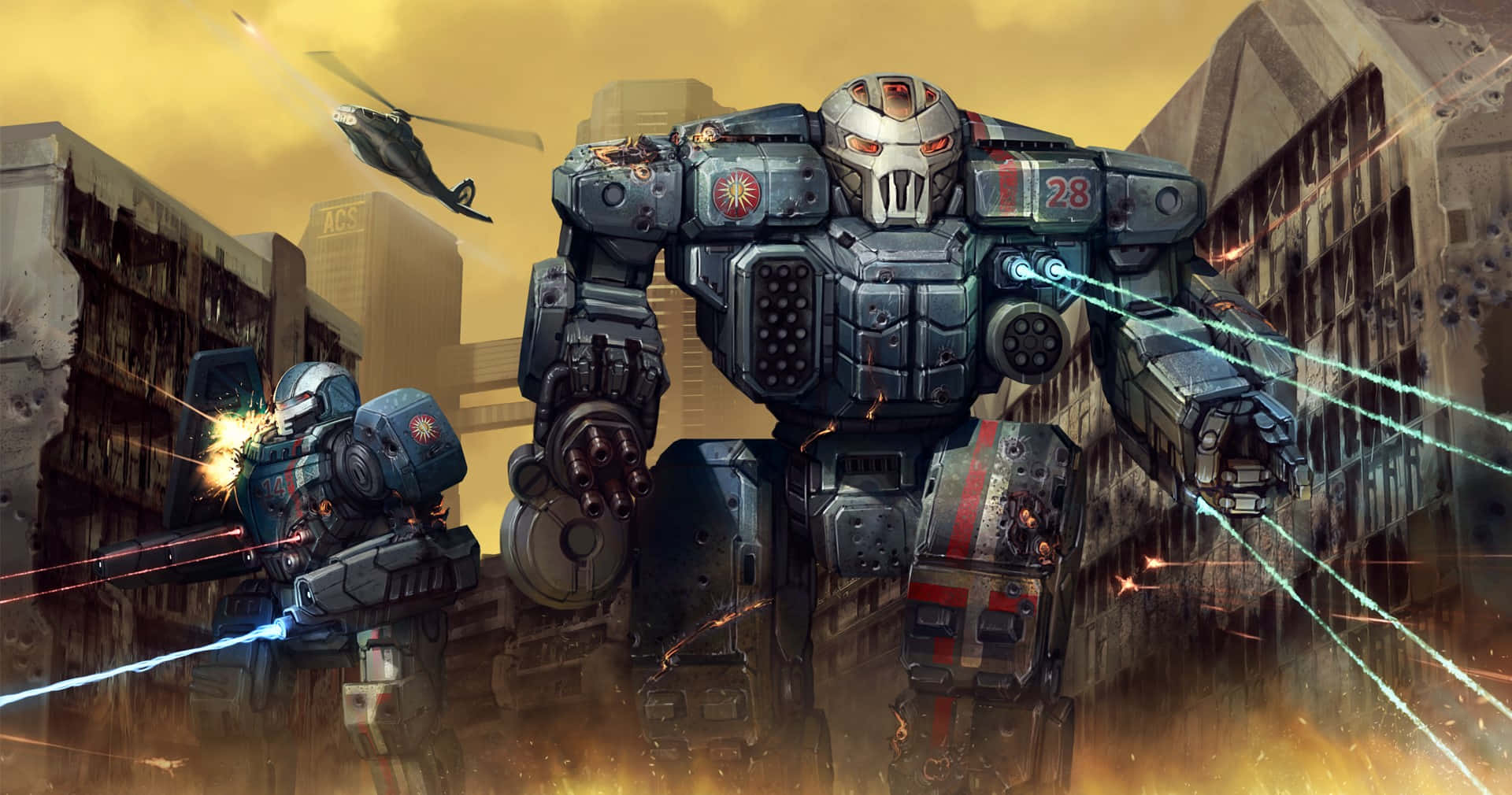 Battletech 桌布 壁紙 — 一架巨大的戰鬥機甲穿過廢墟城市景觀發射發光的雷射，而較小的機甲和一架直升機在朦朧的橙色天空下進行戰鬥。