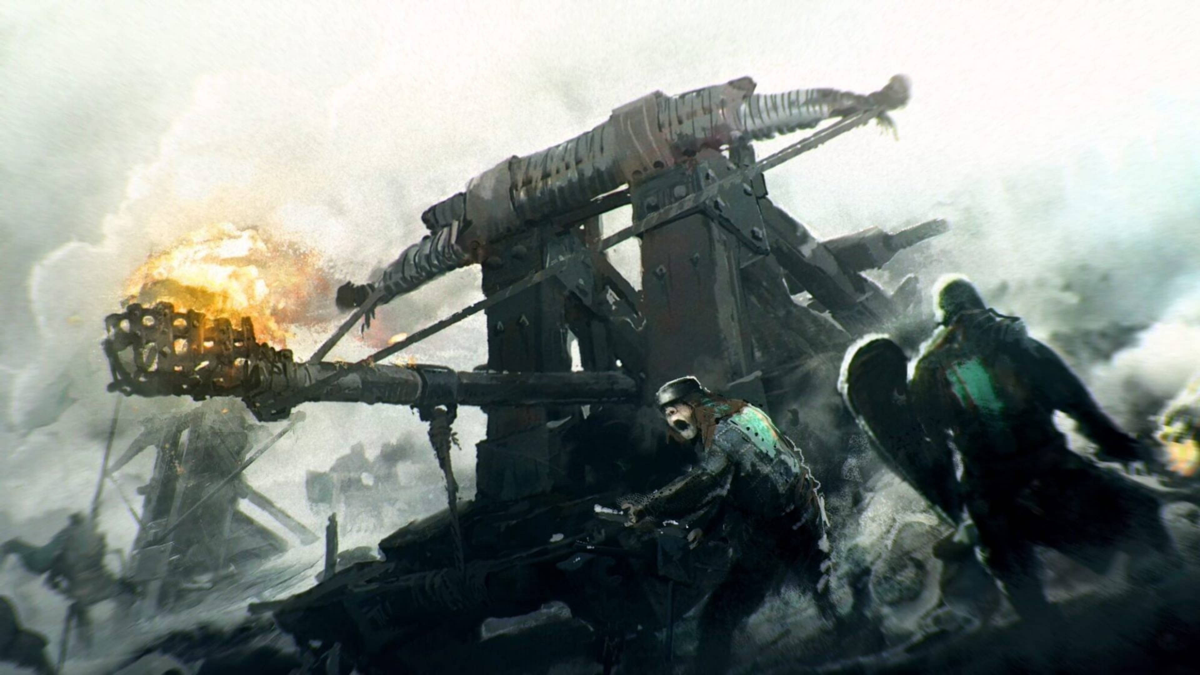 for honor 4K 桌布 壁紙 — 一架巨大的攻城器械在煙霧和碎片籠罩的混亂戰場上發射燃燒的彈丸。