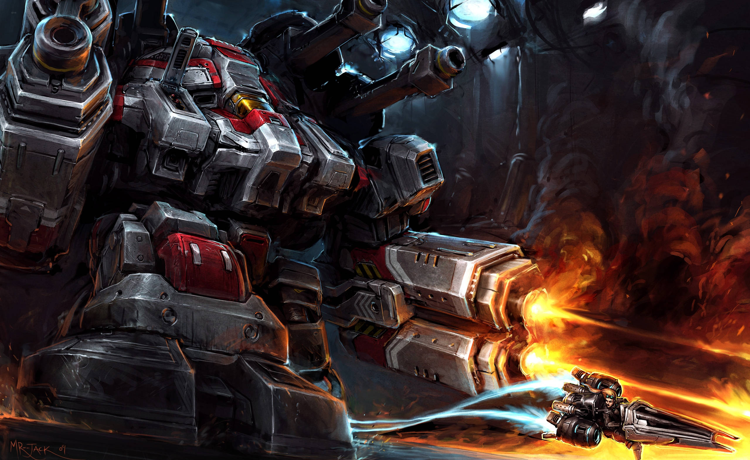 Starcraft 2 桌布 壁紙 — 一架巨大的裝甲機甲在熾熱的工業戰場上向一架較小的無人機發射發光武器。