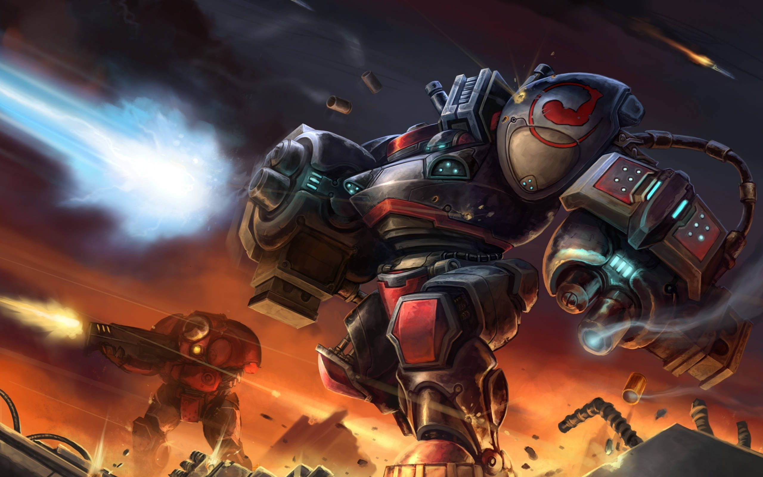 Starcraft 2 桌布 壁紙 — 一架巨大的裝甲機甲在熾熱的橙色戰場上發射出一道刺眼的藍色光束，碎片飛揚。
