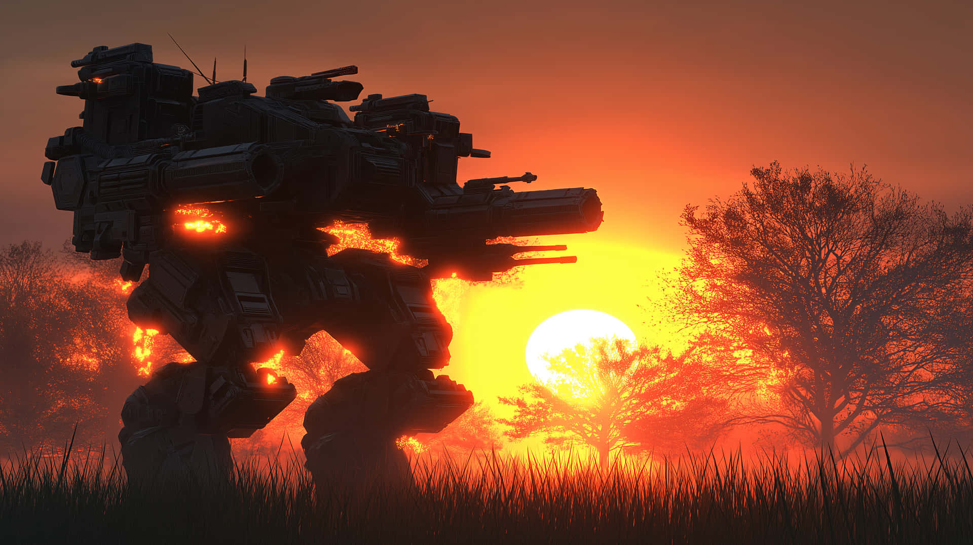Heavily Armed Martian Mech at Fiery Sunset with Trees 壁紙 — 一架巨大的裝甲機甲站在夕陽下的草地上，四肢噴發出熾熱的橙色能量，映襯著火紅的天空。