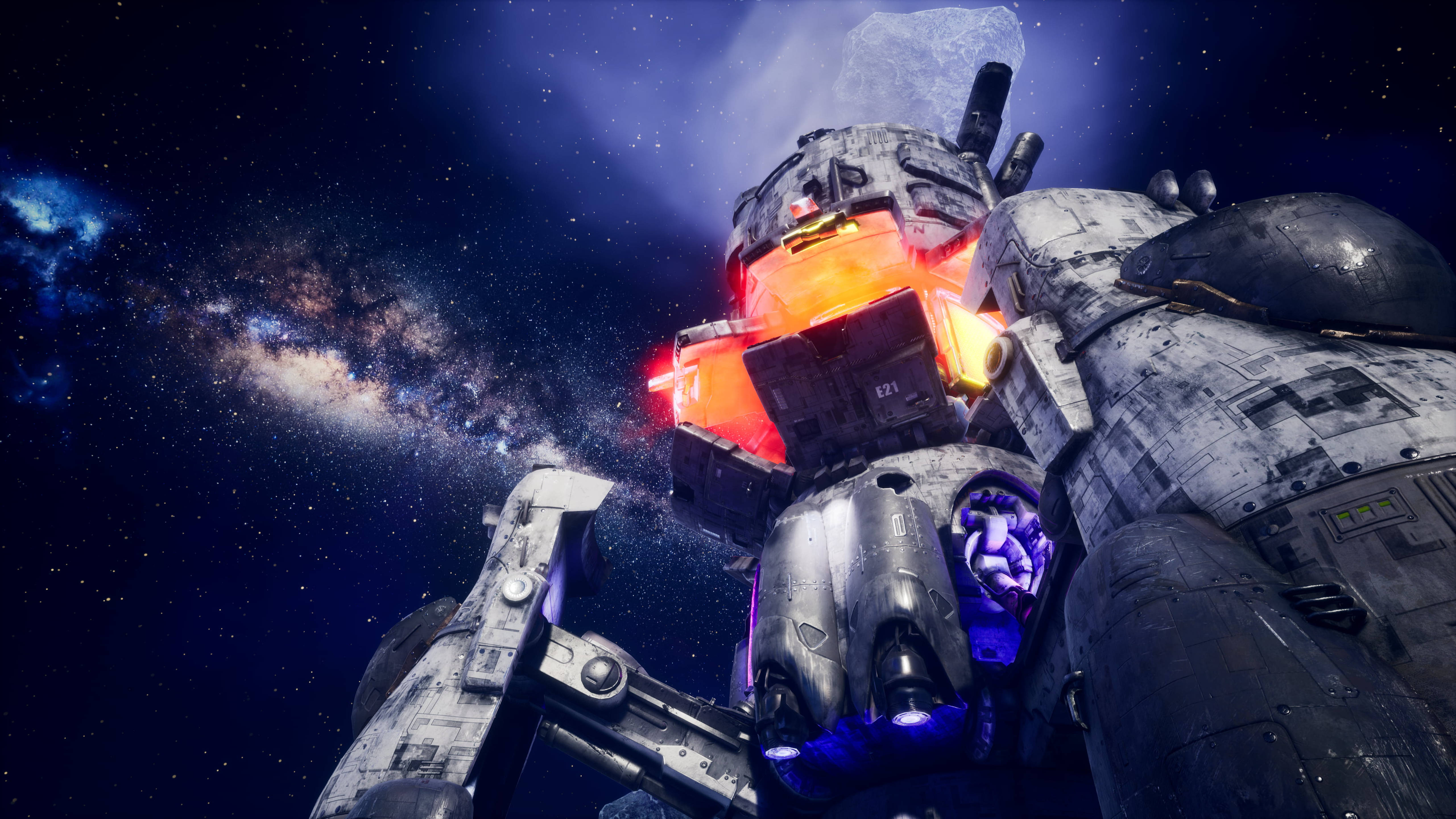 Outer Worlds 桌布 壁紙 — 一架巨大的裝甲機甲站在太空中，發出紅藍光芒，背景是星光熠熠的星系。