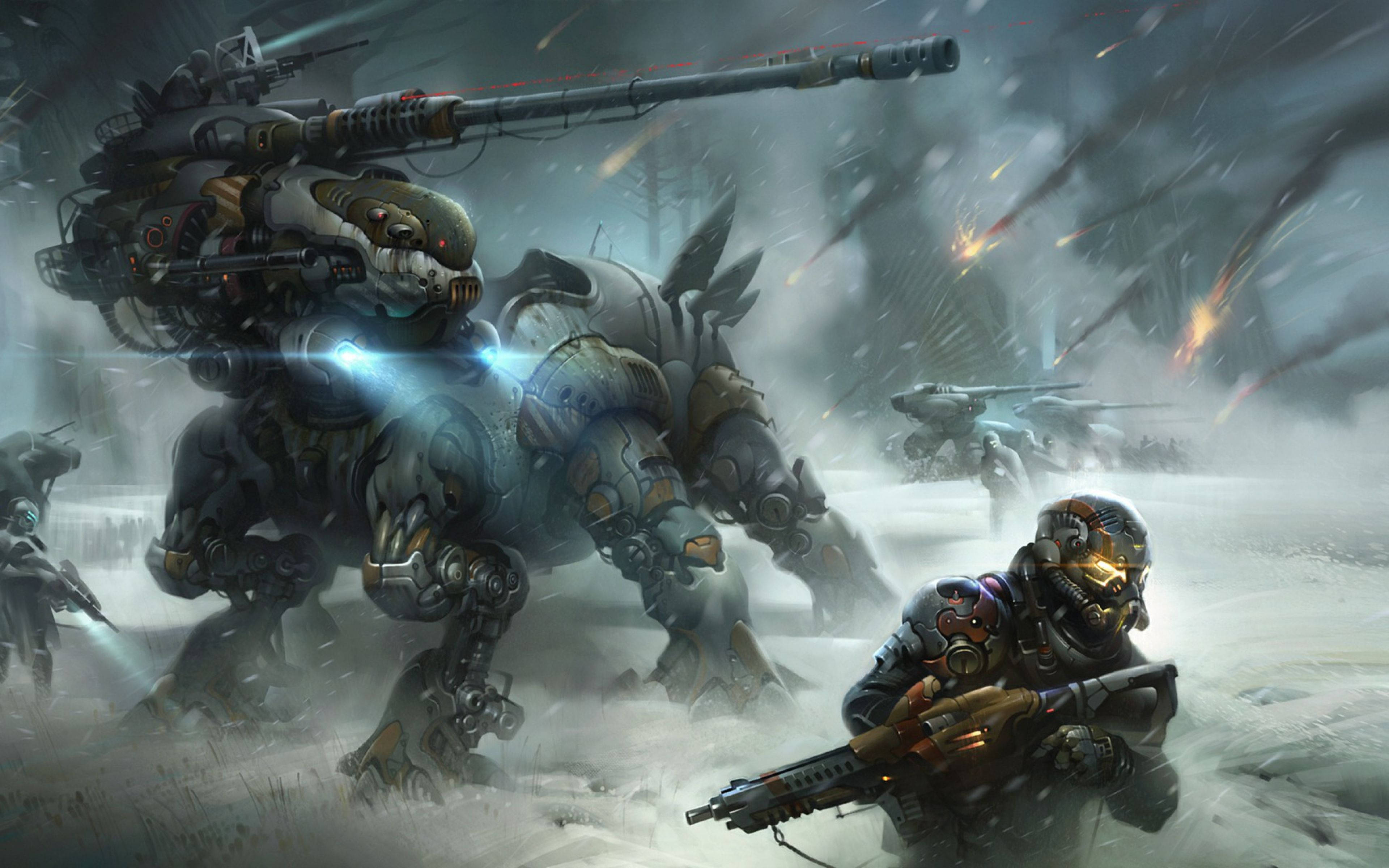 destiny 4K 桌布 壁紙 — 一架巨大的裝甲機甲與士兵在風暴天空下，於雪地戰場中戰鬥，爆炸照亮了場景。