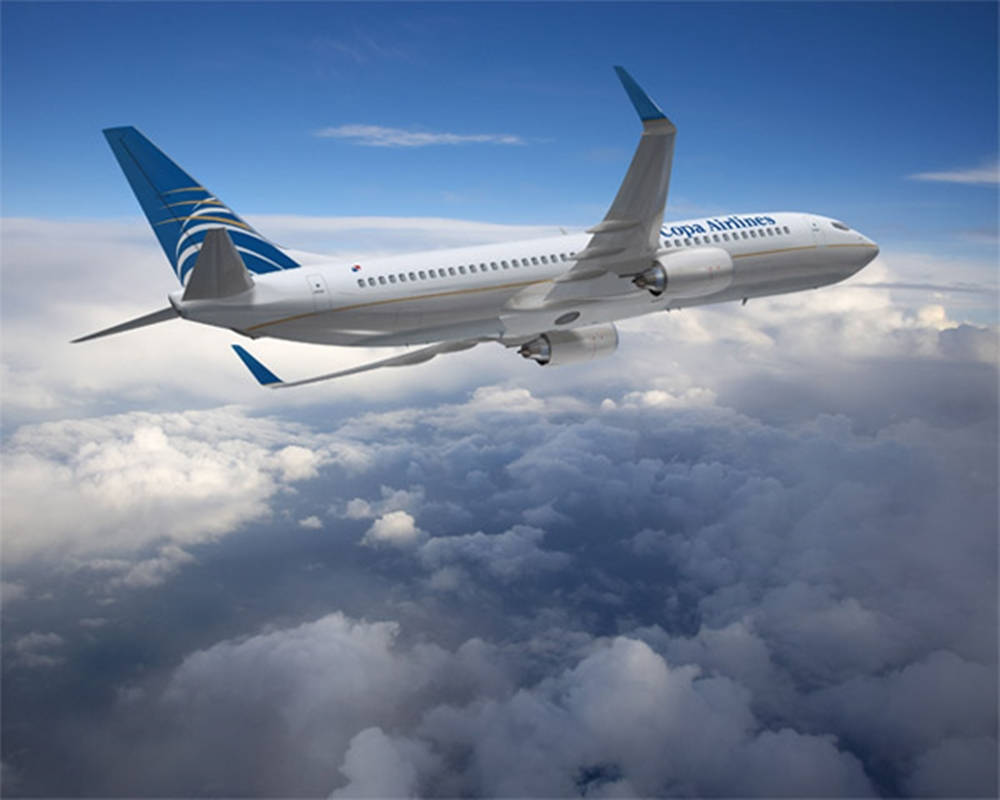 飛機 桌布 壁紙 — 一架巴拿馬航空客機在晴朗藍天下翱翔於廣闊的蓬鬆白雲之上。