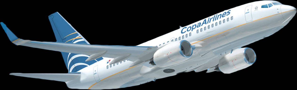 飛機 桌布 壁紙 — 一架巴拿馬航空客機在空中滑翔，機身流線型白色，尾翼藍色，背景為純黑色。