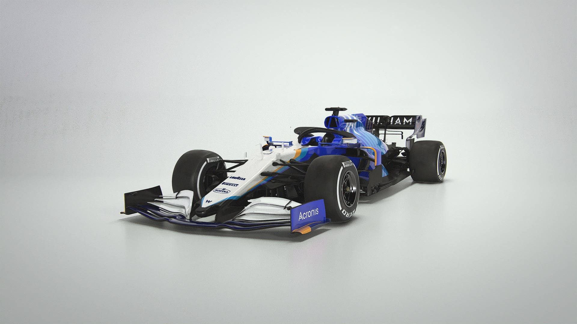 F1 桌布 壁紙 — 一架帶有 'Acronis' 品牌標誌的時尚藍白一級方程式賽車，在簡約的工作室環境中展示。