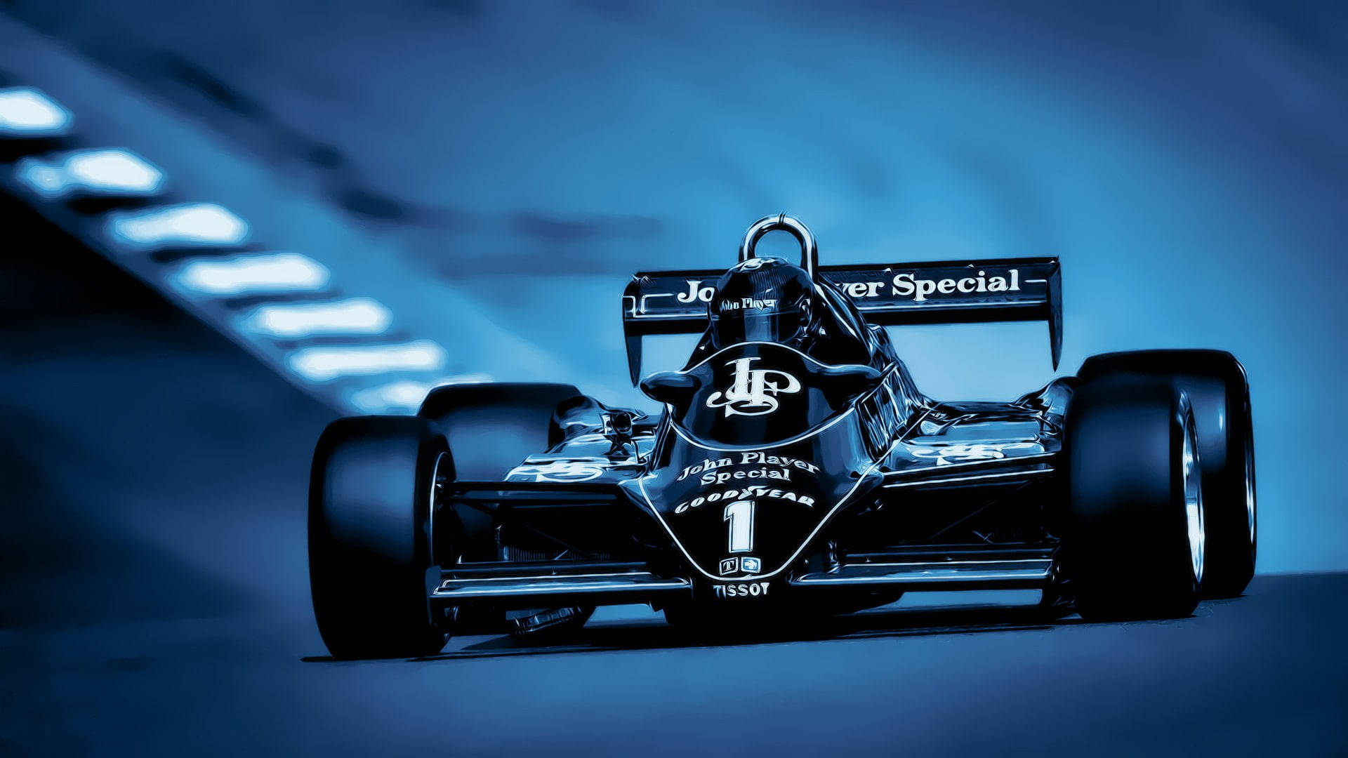 F1 桌布 壁紙 — 一架帶有「John Player Special」品牌標誌的時尚黑色一級方程式賽車，在冷藍色燈光下沿著模糊的賽道疾馳。