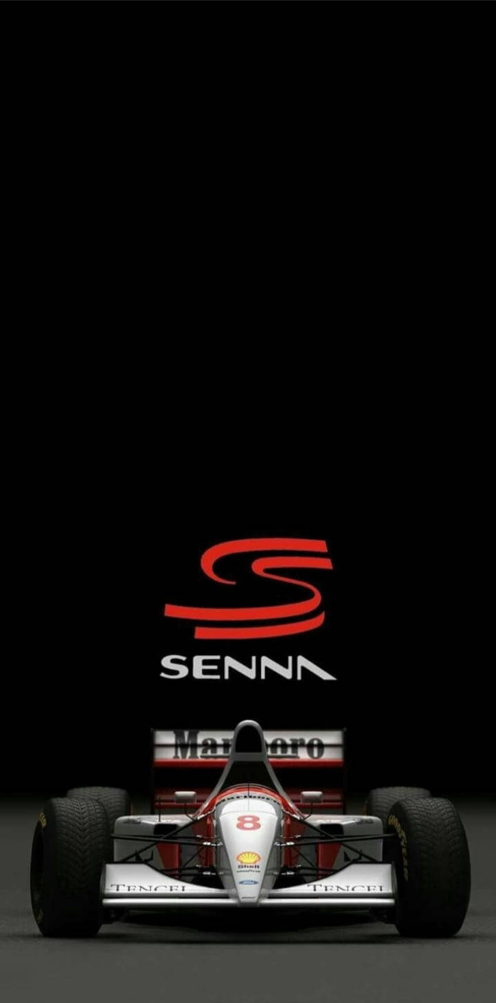 F1 桌布 壁紙 — 一架帶有「SENNNA」品牌標誌的流線型紅銀色一級方程式賽車，在純黑色背景上居中展示。