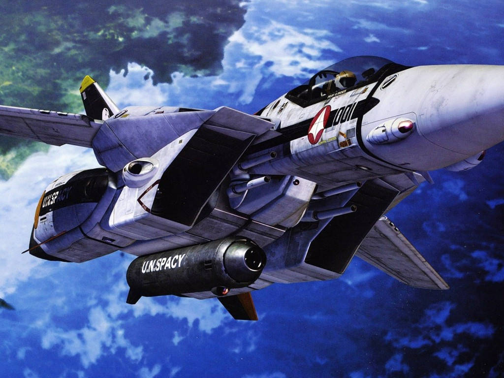 軍事動圖 桌布 壁紙 — 一架帶有 'U.N.SPACY' 標誌的未來戰機在一個有旋轉雲層和綠色陸地的藍色行星上空翱翔。
