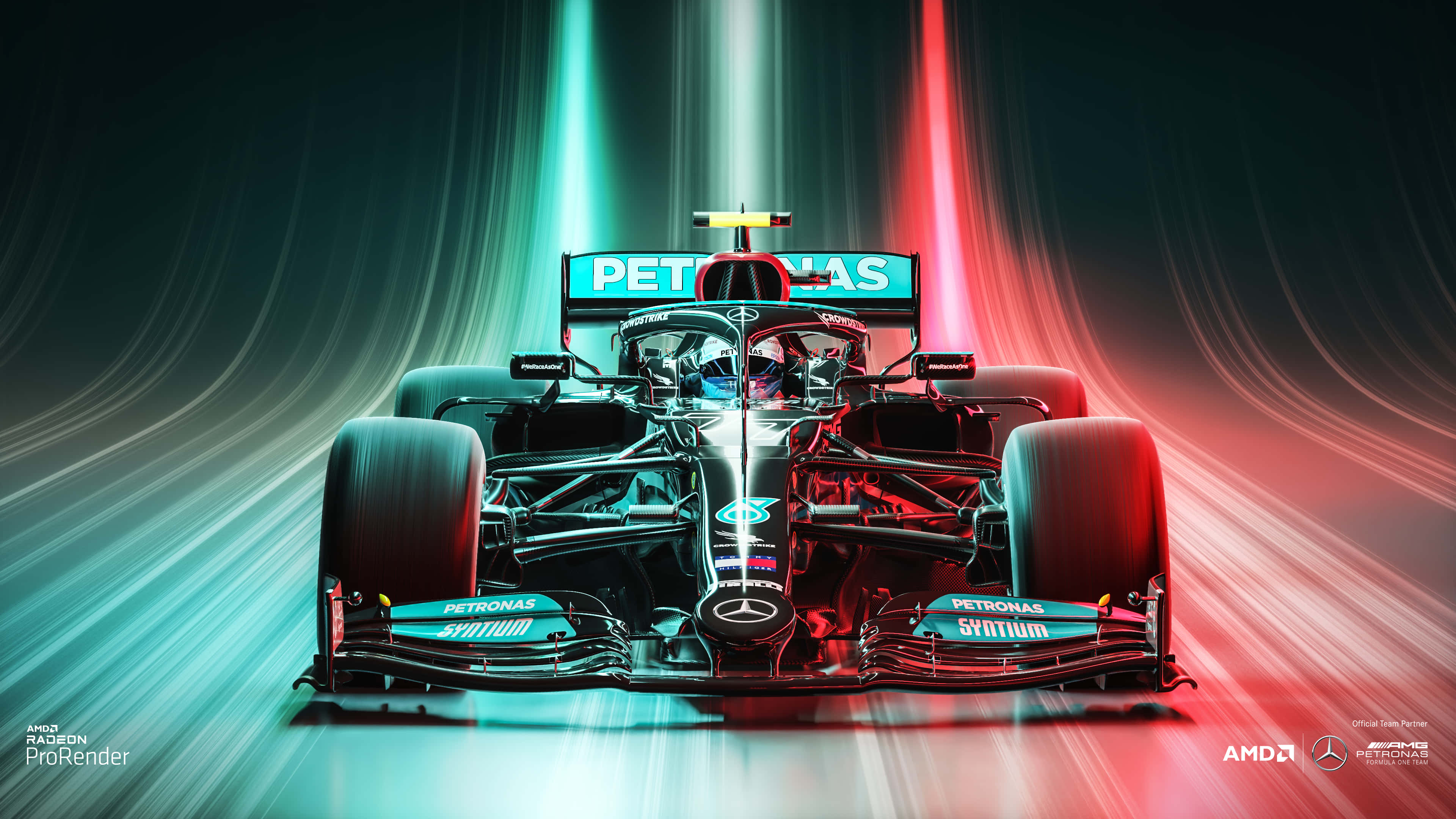 Formula One 桌布 壁紙 — 一架帶有Petronas品牌標誌的流線型Mercedes一級方程式賽車，在霓虹紅和青綠色的光條下，於高速隧道效果中閃耀。