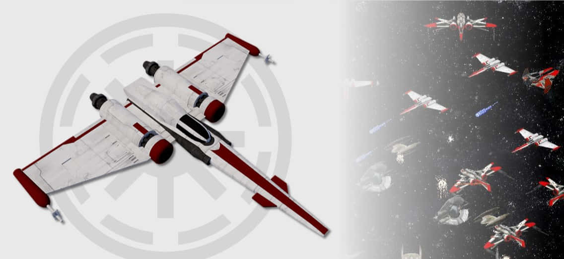 The Z-95 Headhunter 桌布 壁紙 — 一架帶有帝國標誌的詳細白色和紅色星際戰鬥機佔據左側，而右側則顯示星際空間中類似船隻的艦隊。