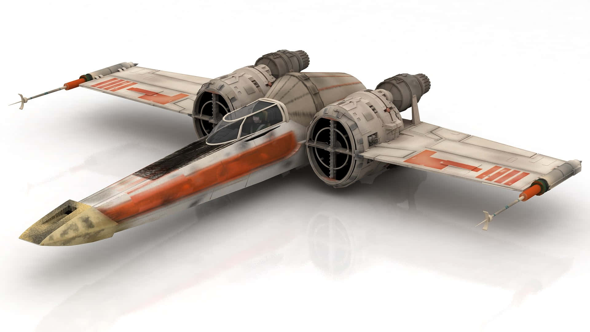 The Z-95 Headhunter 桌布 壁紙 — 一架帶有橙色標記的風化X翼星際戰鬥機停放在反光的白色表面上。