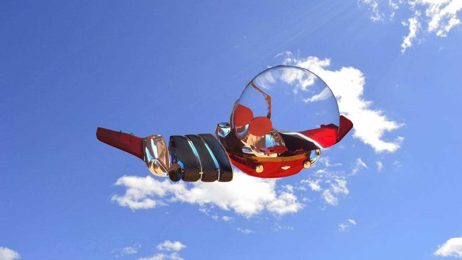 meet the robinsons 桌布 壁紙 — 一架帶有泡泡座艙罩的未來感紅色飛行汽車，在點綴著蓬鬆白雲的清澈藍天中翱翔。